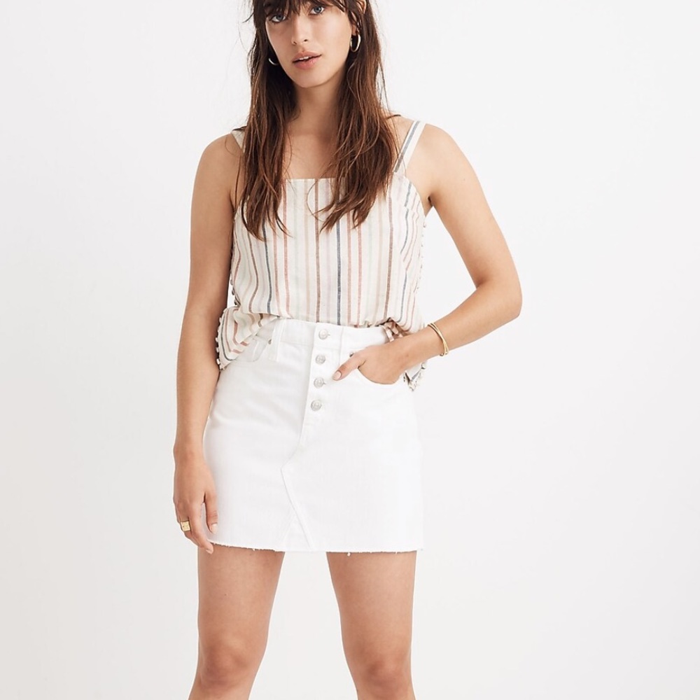 Rigid Denim A-Line Mini Skirt in Tile White: Button-Front Edition